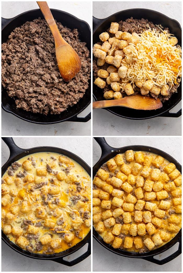 4 step process photo showing how to make a tater tot breakfast casserole