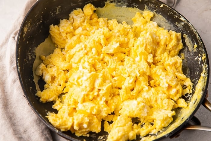 Scrambled eggs in a deep saucepan