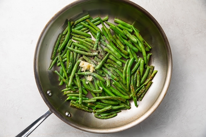 Green beans in a silver skillet