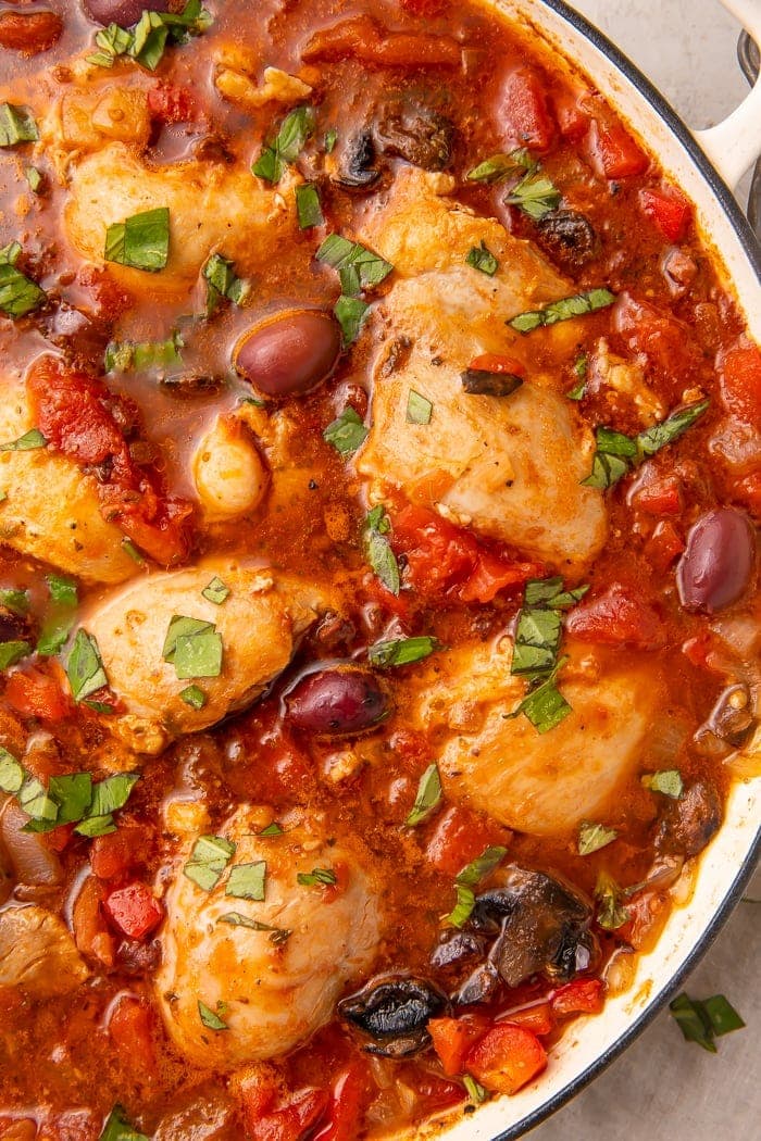 Paleo chicken cacciatore in a large sauté pan