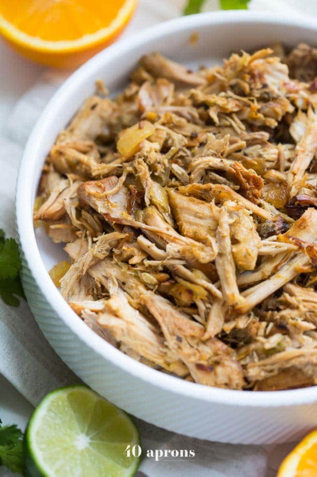 Keto crockpot carnitas in a white bowl