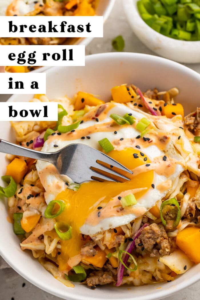 Pinterest graphic for breakfast egg roll in a bowl