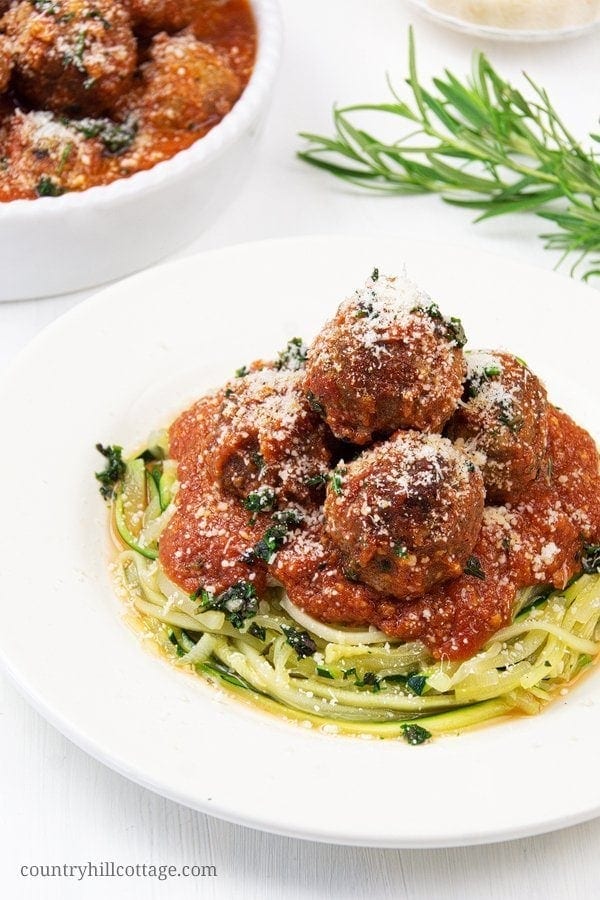 Keto slow cooker meatballs on veggie noodles