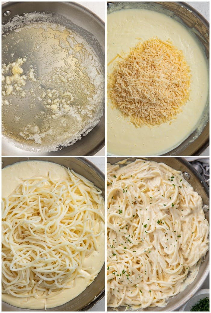 4-photo graphic that shows the process of making keto alfredo sauce in a silver saucepan
