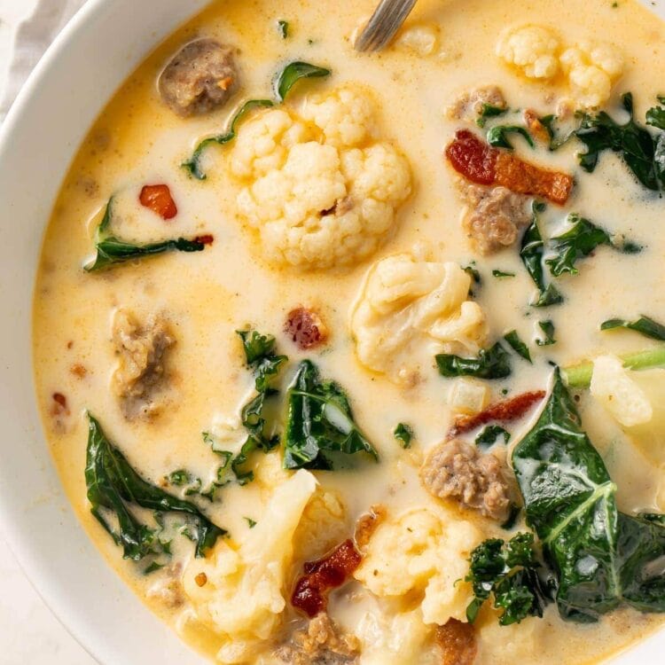 Overhead photo of keto zuppa toscana in a white bowl