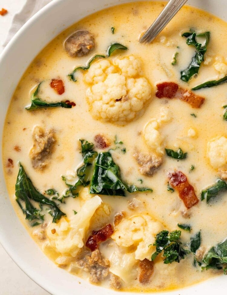 Close up photo of low carb zuppa toscana in a white bowl