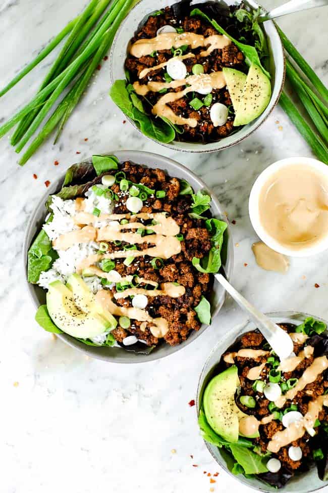 Three paleo Korean beef bowls