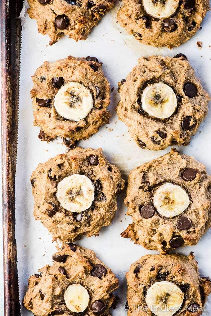 Chunky monkey paleo cookies on a sheet pan