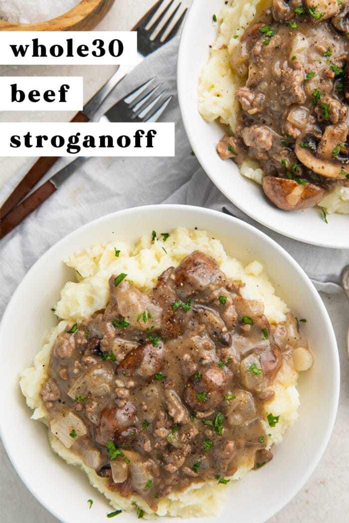 Pinterest graphic for whole30 beef stroganoff