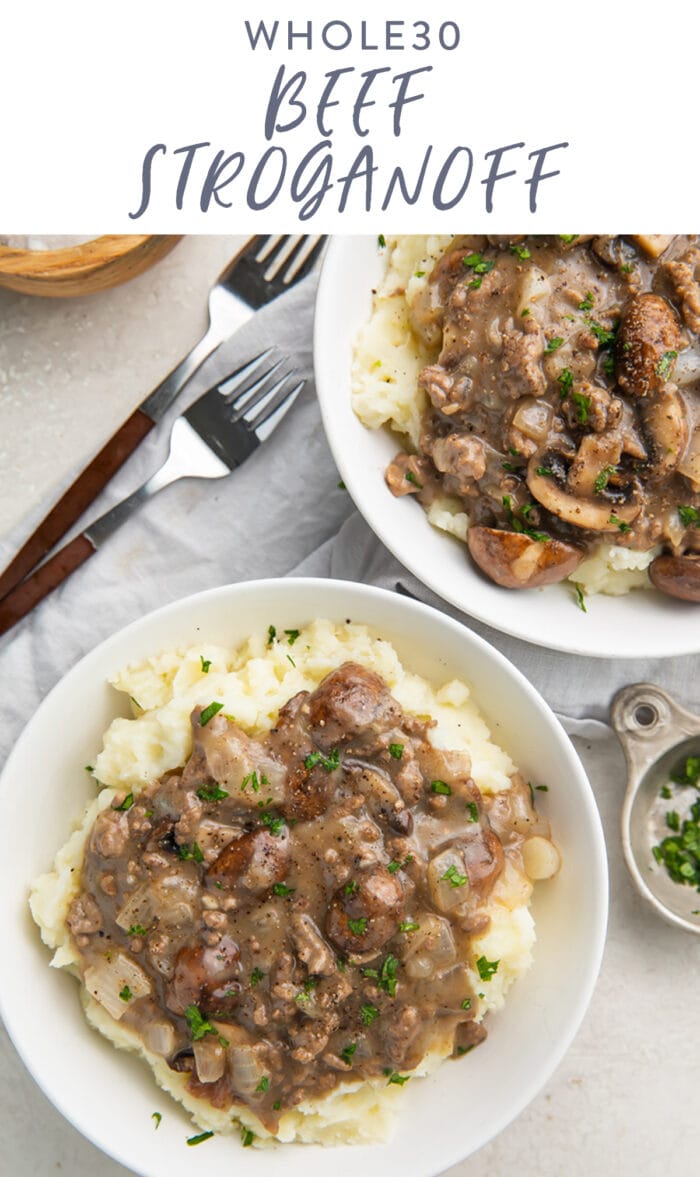 Pinterest graphic for whole30 beef stroganoff