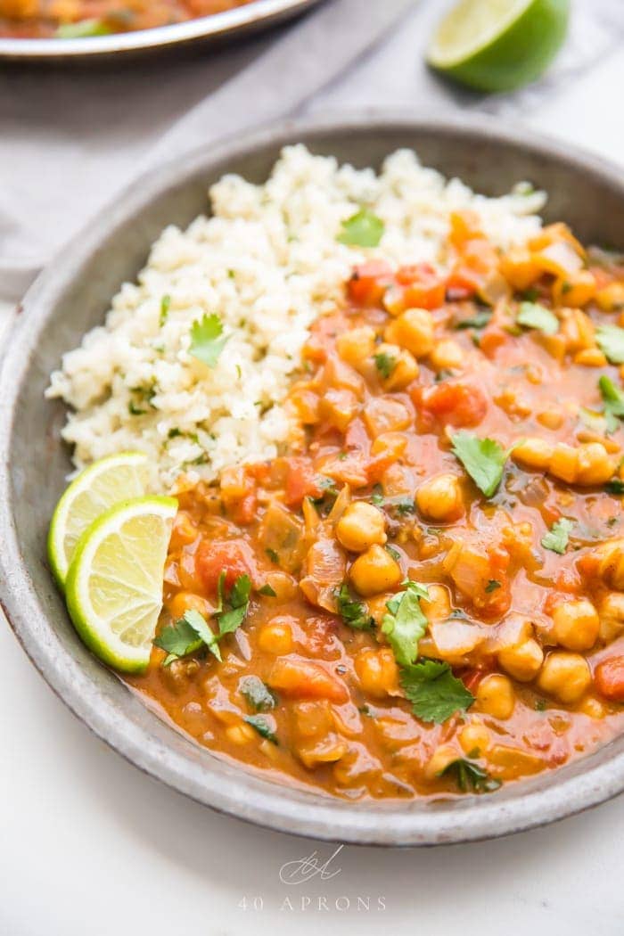 Coconut curry and rice in a grey bowl