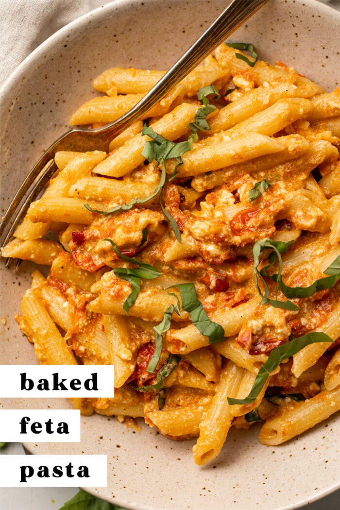 Pinterest graphic for baked feta pasta