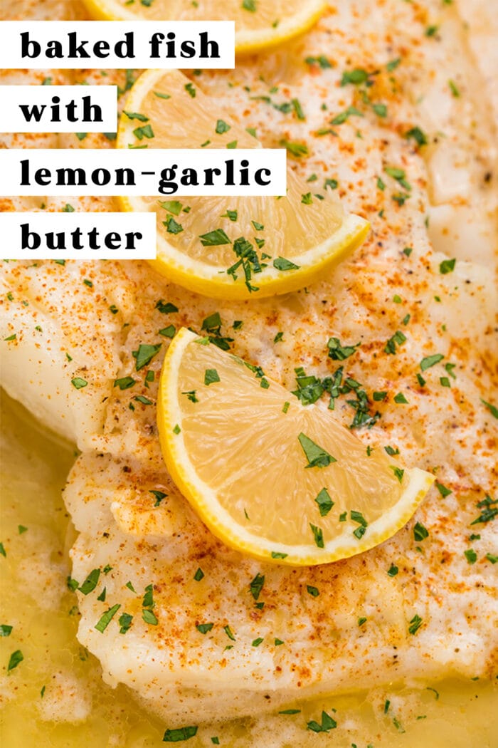 Pin graphic for baked fish with lemon-garlic butter