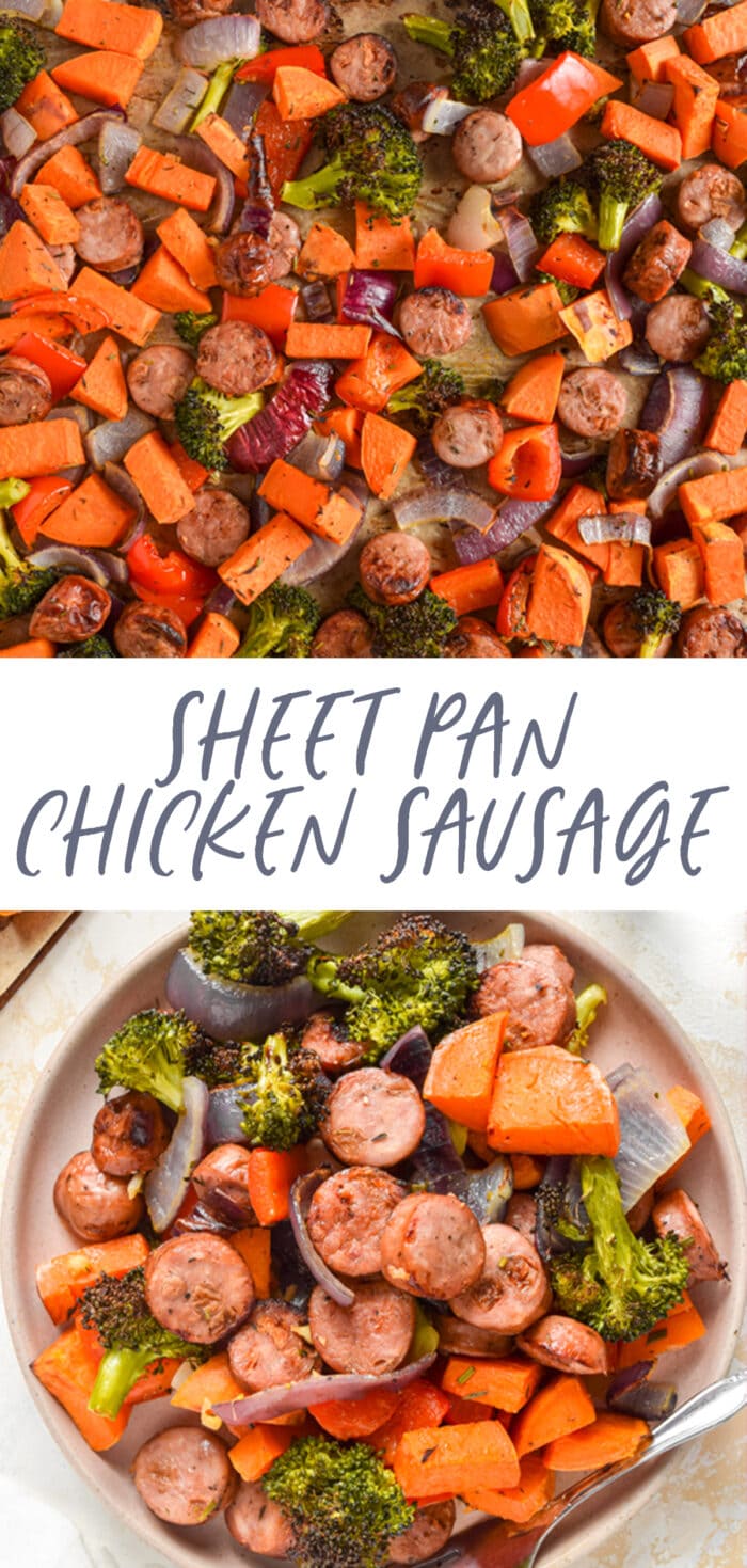 Pinterest graphic for sheet pan chicken sausage