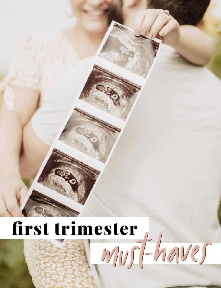 Post graphic for first trimester must-haves. Shows couple embracing, holding sonogram pictures out toward camera.