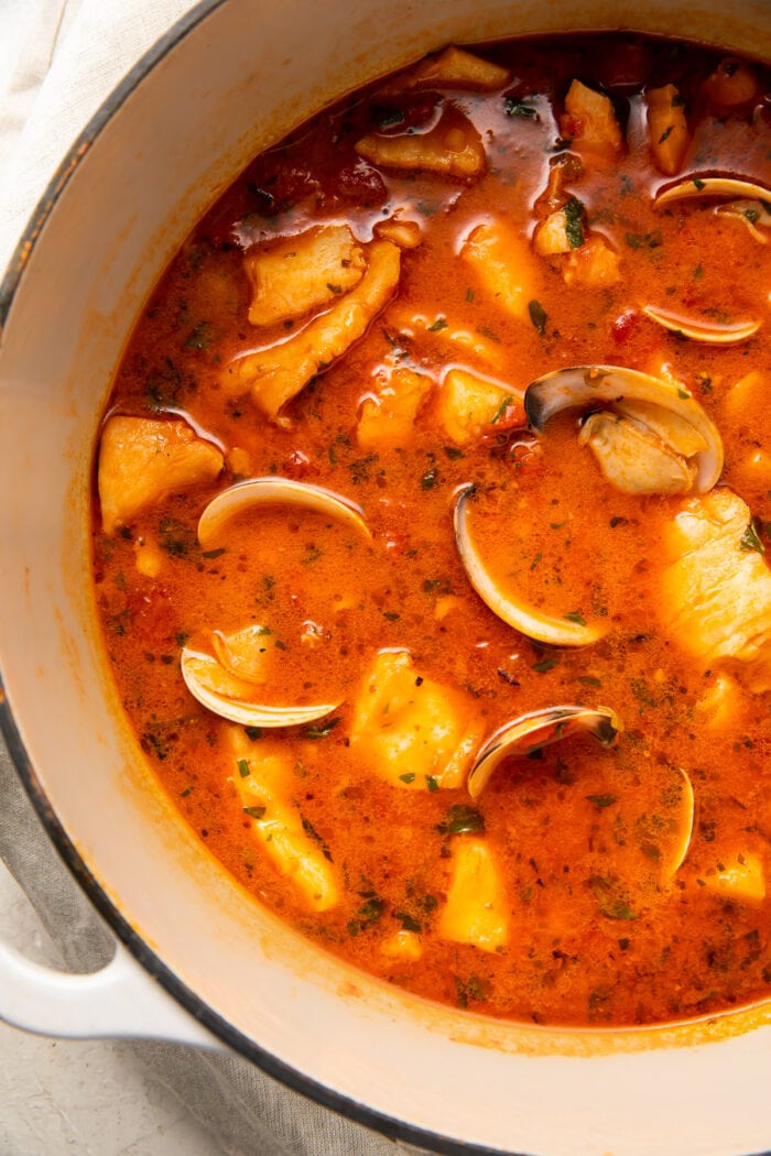 Italian fish stew in a large soup pot