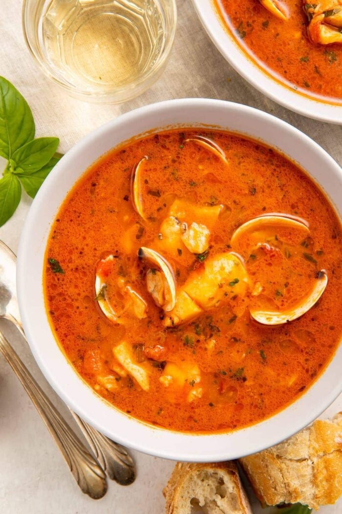 Closer view of a bowl of Italian fish stew