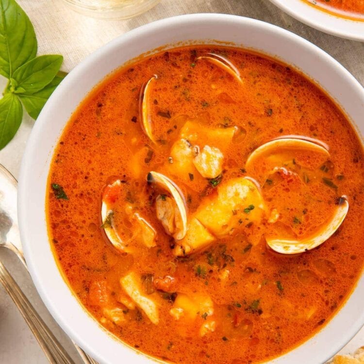Closer view of a bowl of Italian fish stew