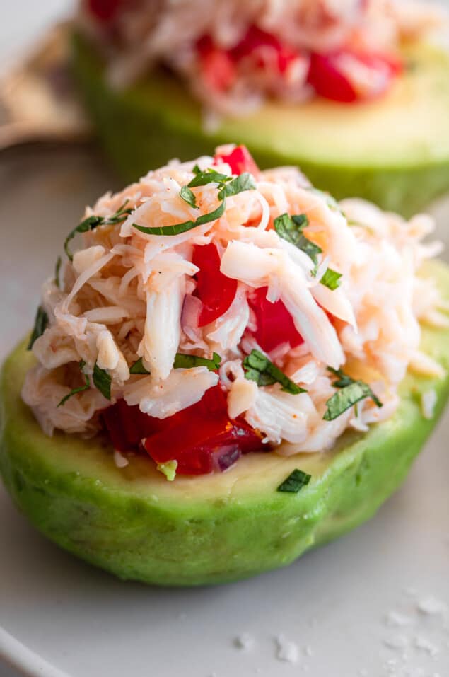 Avocado topped with crab meat 