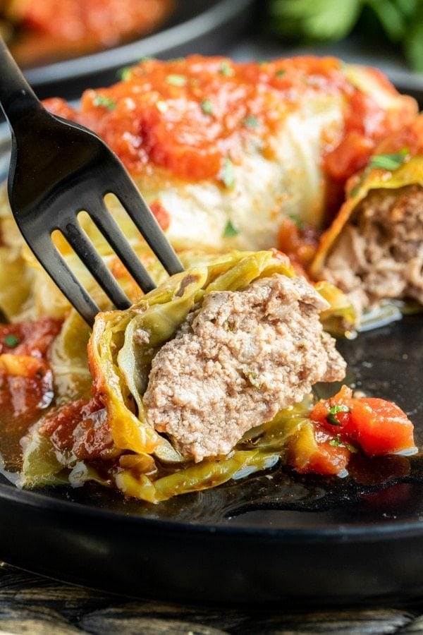 Close up of a cross-section of keto cabbage rolls cooked in the Instant Pot