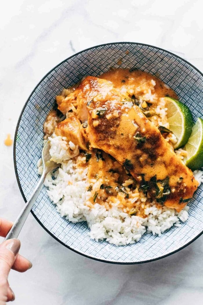 Coconut curry salmon in a bowl