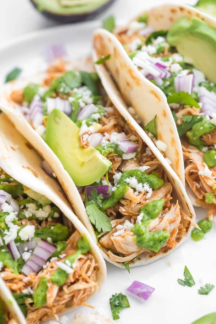 Close up of chicken tacos at an angle