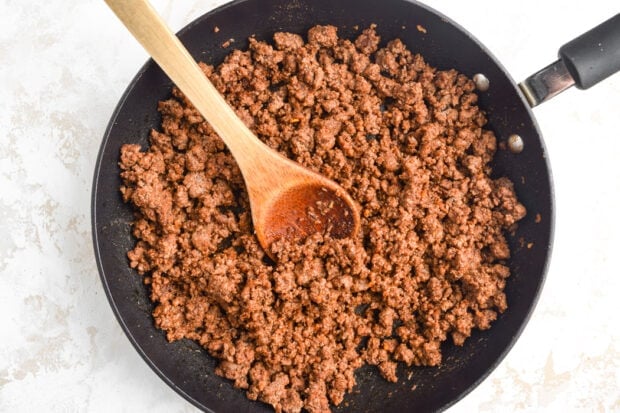 Cooked ground beef in a large skillet