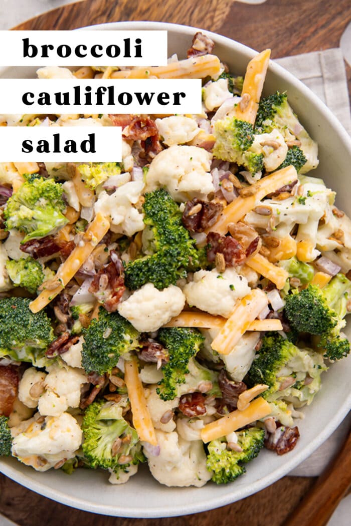 Pin graphic for broccoli cauliflower salad