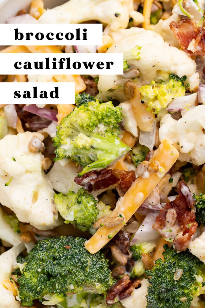 Pin graphic for broccoli cauliflower salad