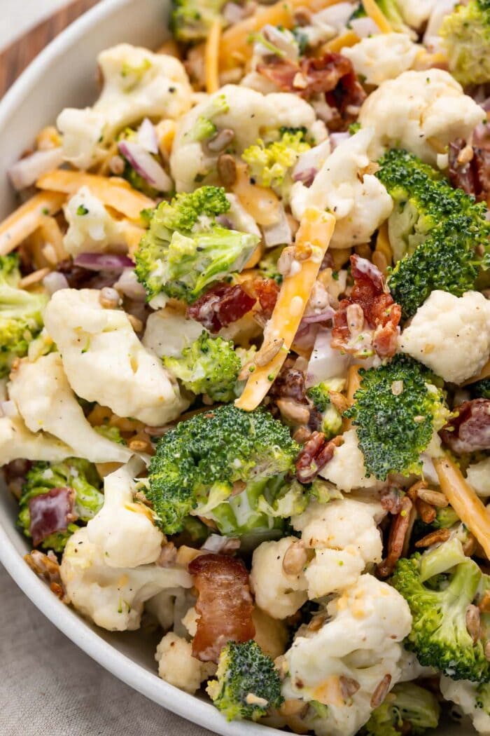 Close up of broccoli cauliflower salad