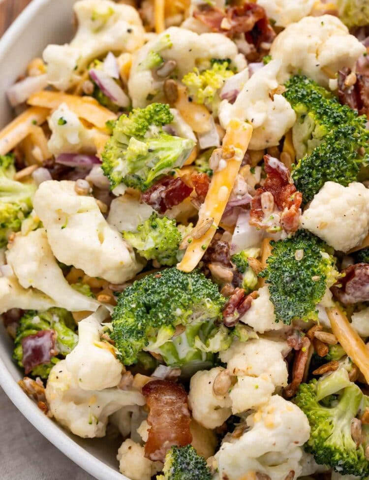 Close up of broccoli cauliflower salad