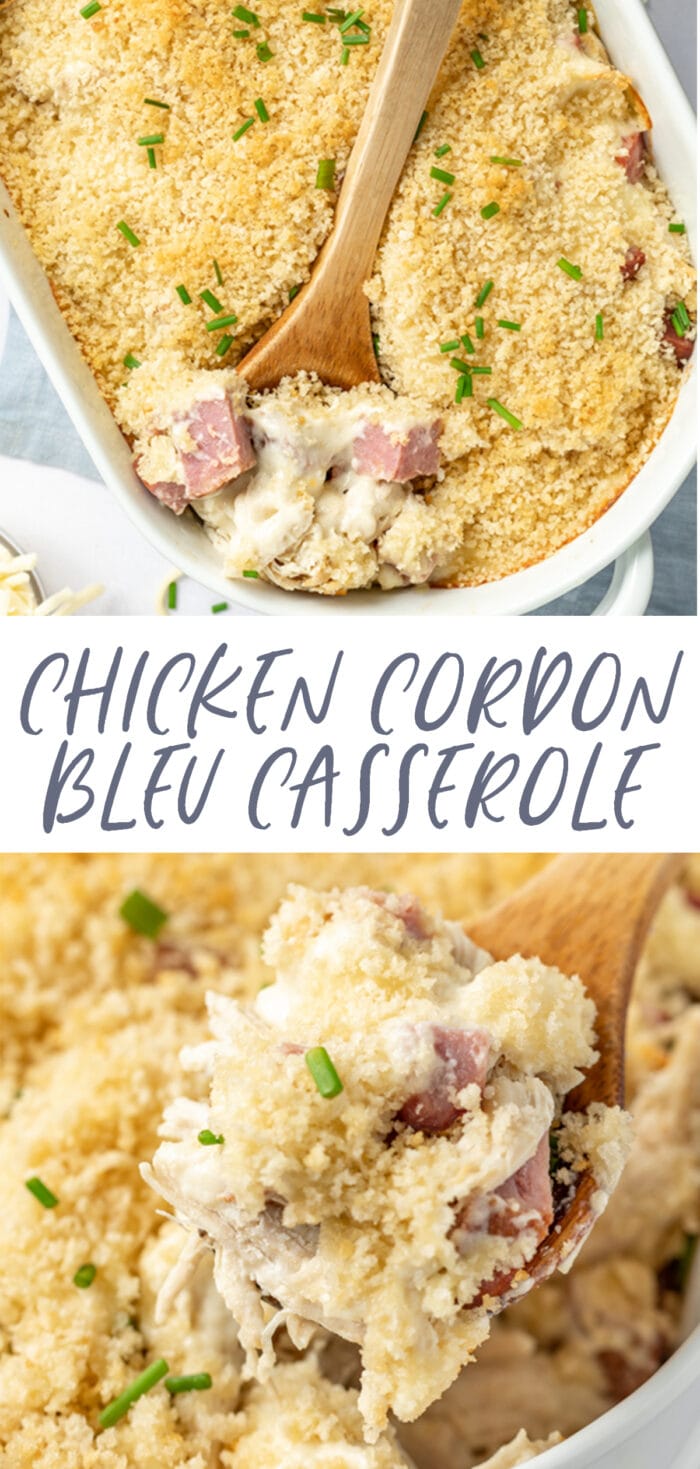 Pin graphic for chicken cordon bleu casserole