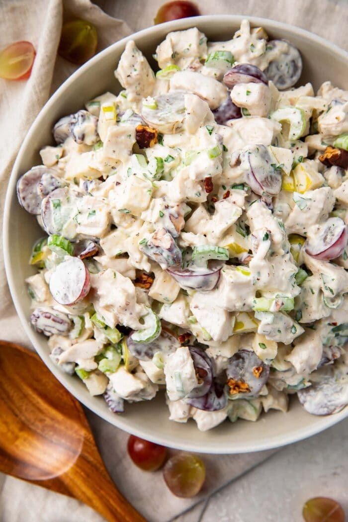 Chicken salad with grapes in a large silver bowl