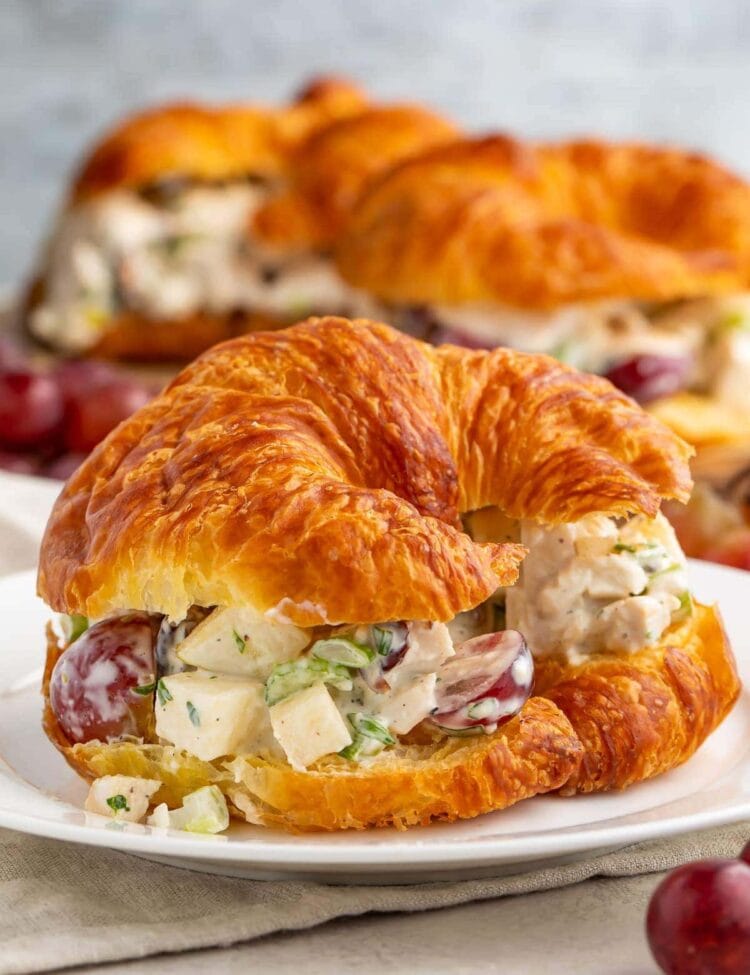 Chicken salad with grapes on a buttered croissant