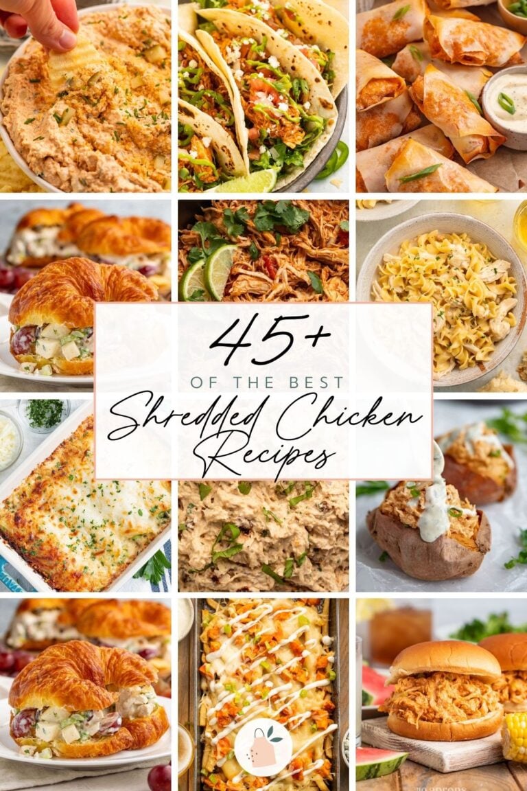 12-image cover graphic for 45+ of the best shredded chicken recipes.