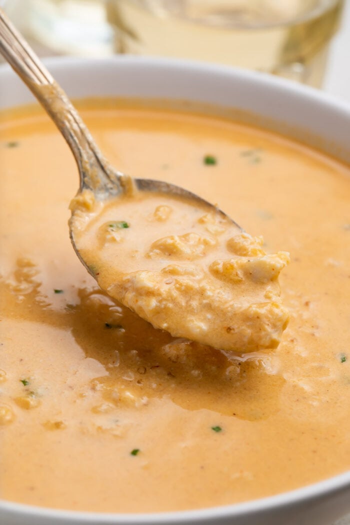 Close up of a spoonful of she crab soup over a bowl of she crab soup
