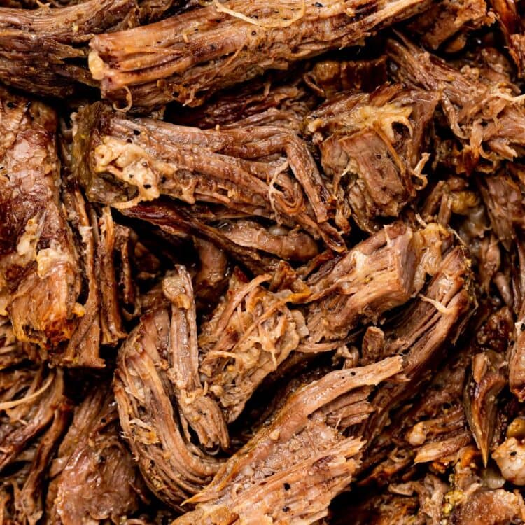 Close up image of shredded beef in a bowl.
