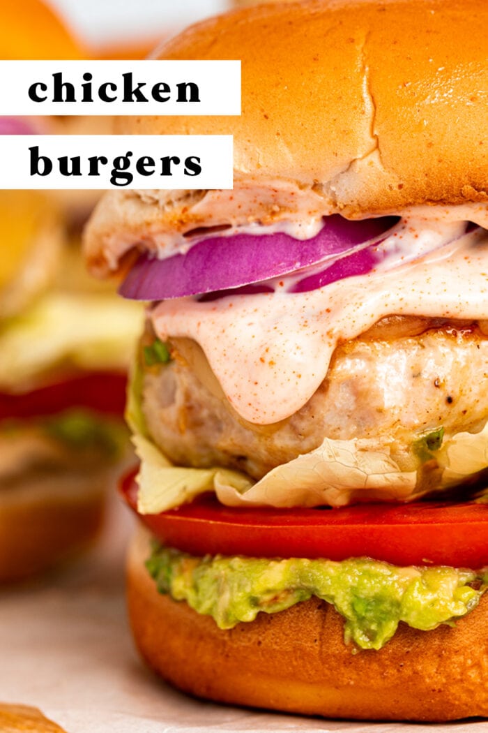 Pin graphic for chicken burgers with chipotle aioli