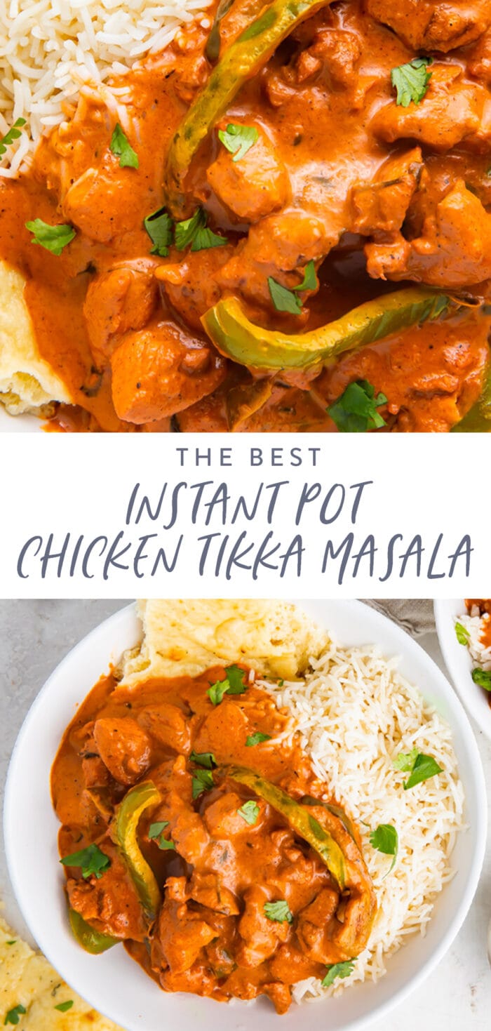 Pin graphic for Instant Pot chicken tikka masala