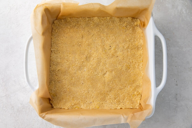 Lemon bar crust in a baking dish
