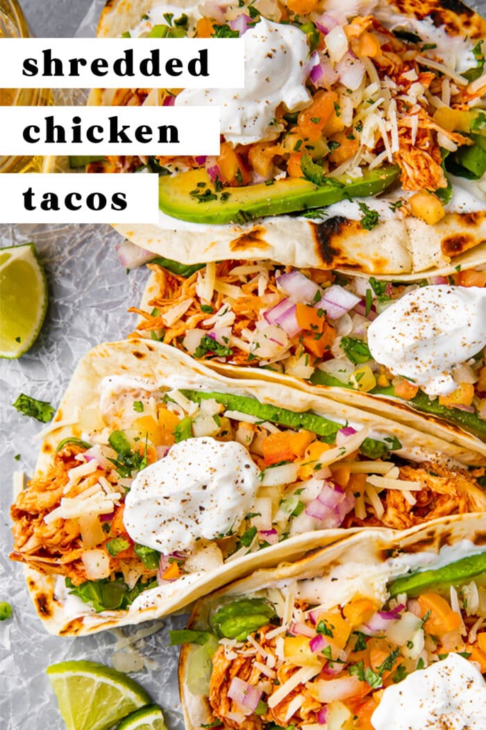 Pin graphic for shredded chicken tacos