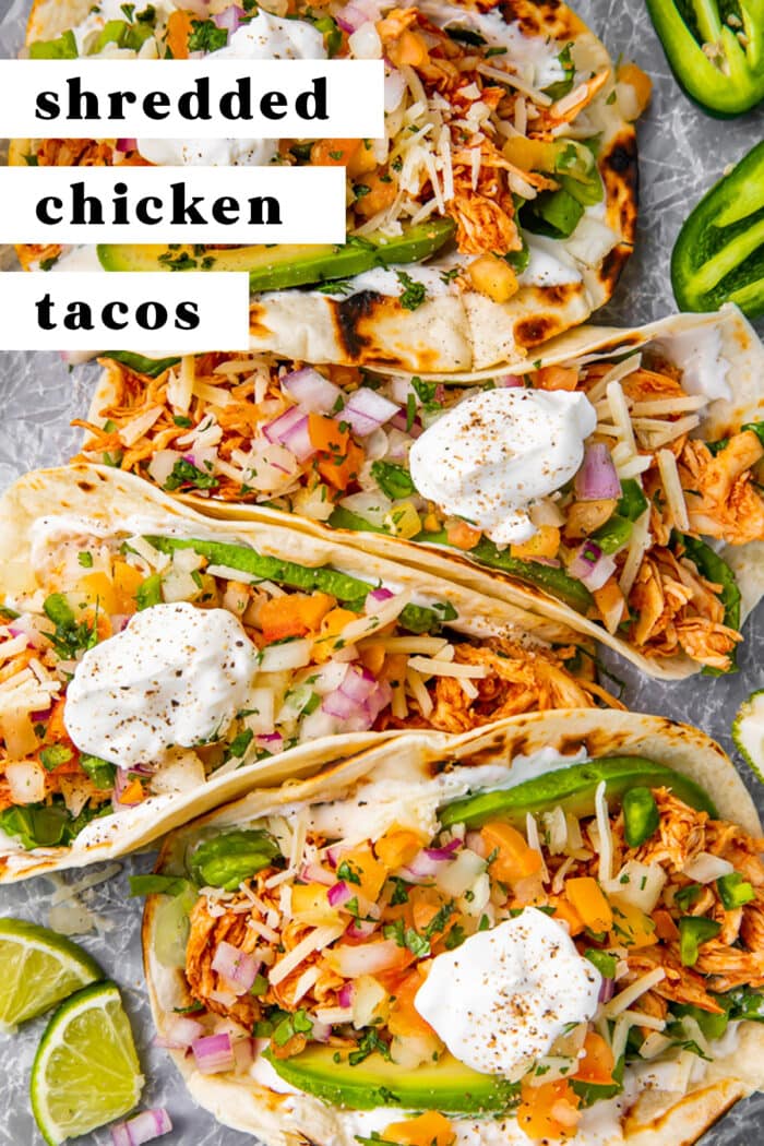 Pin graphic for shredded chicken tacos