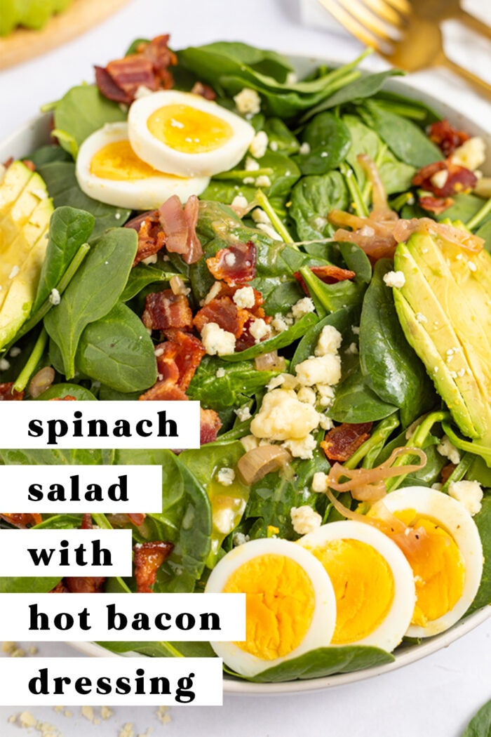 Pin graphic for spinach salad with hot bacon dressing
