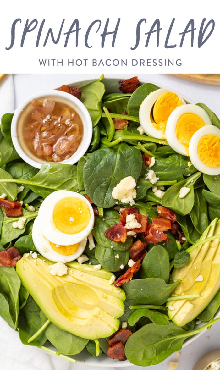 Pin graphic for spinach salad with hot bacon dressing