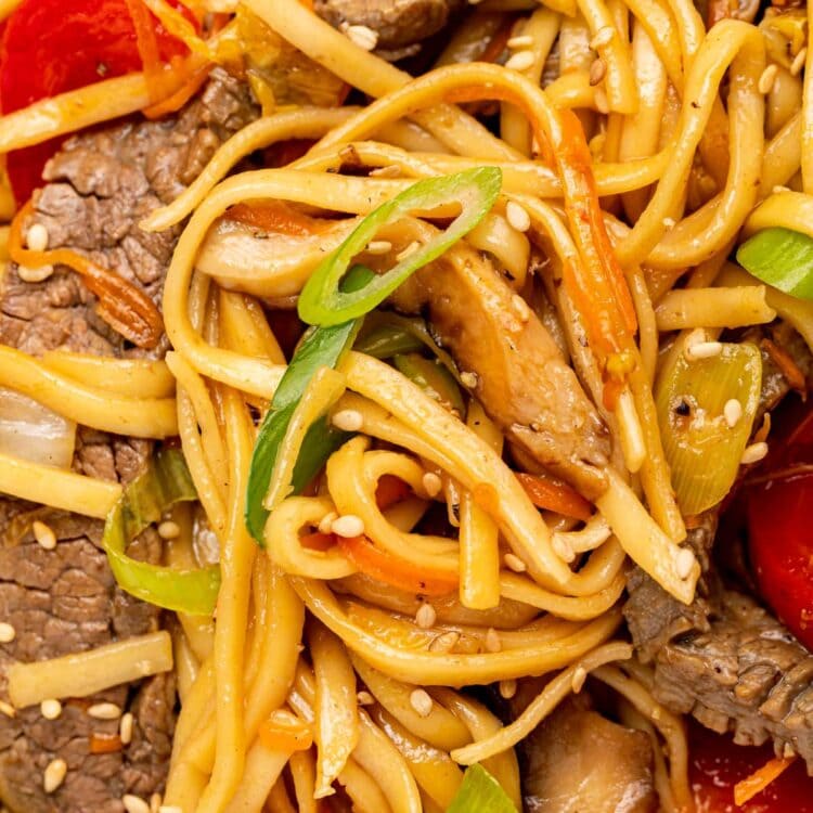 close up image of beef lo mein with green onion and sesame seeds