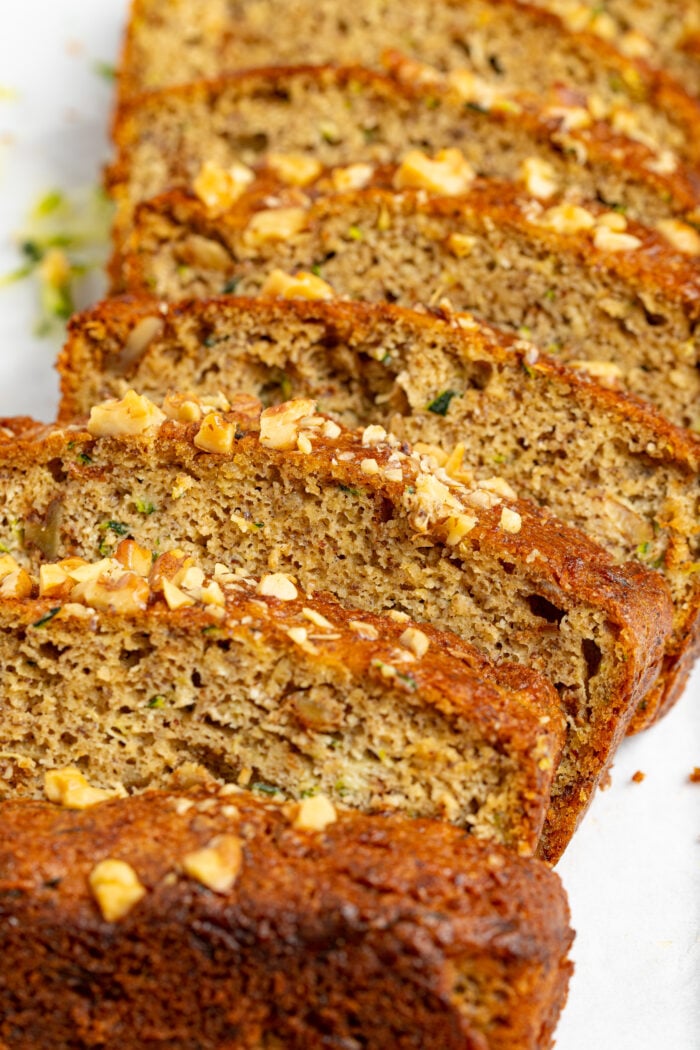 close up image of sliced keto zucchini bread