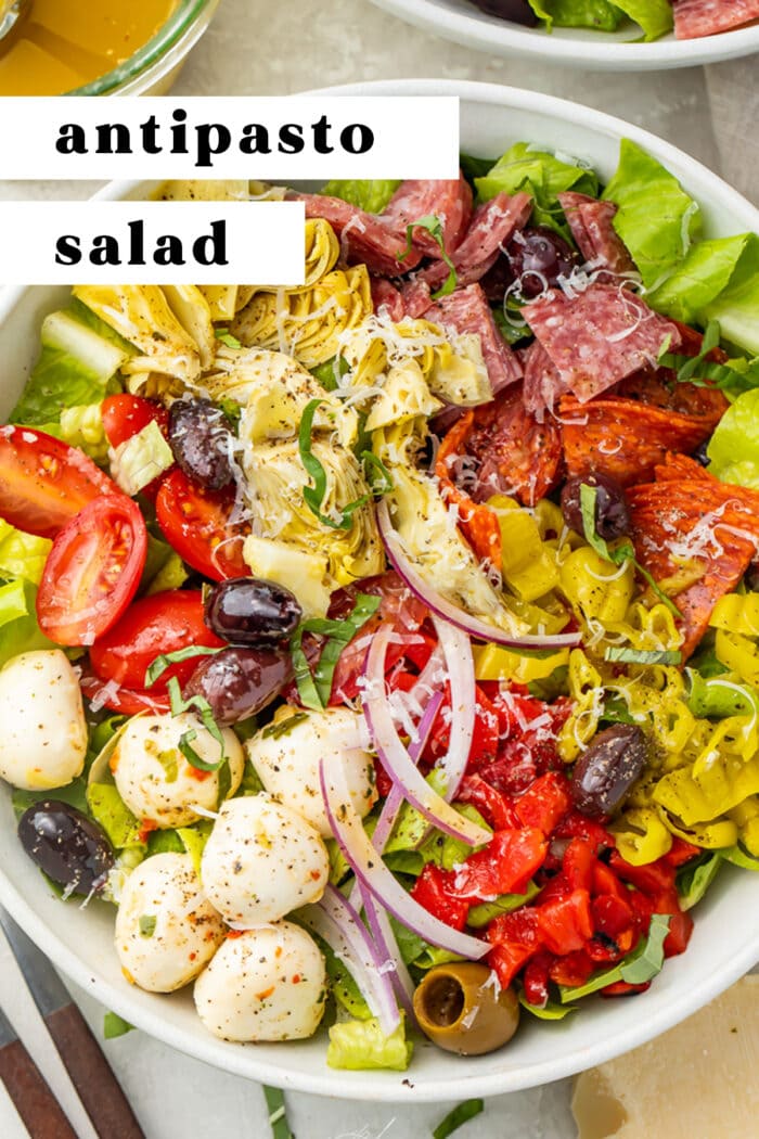 Pin graphic for antipasto salad
