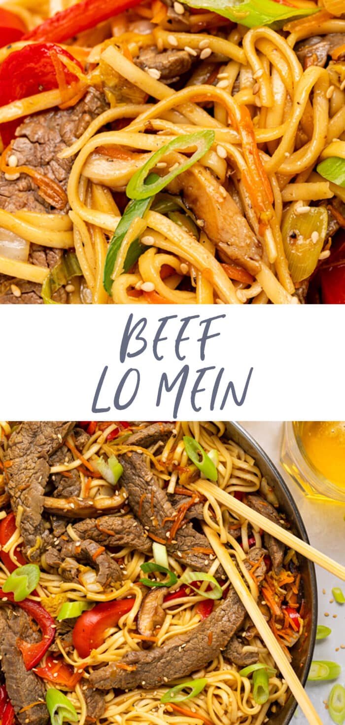 Pin graphic for beef lo mein
