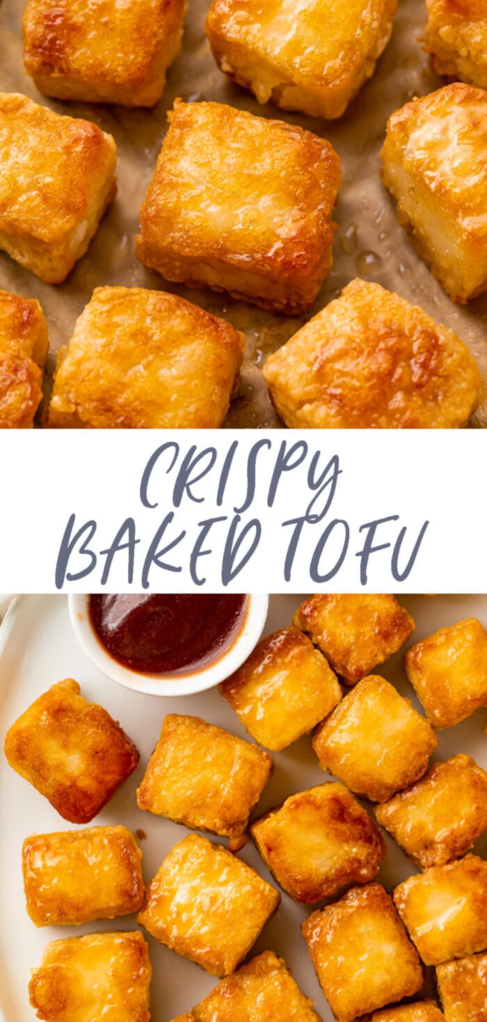 Pin graphic for crispy baked tofu