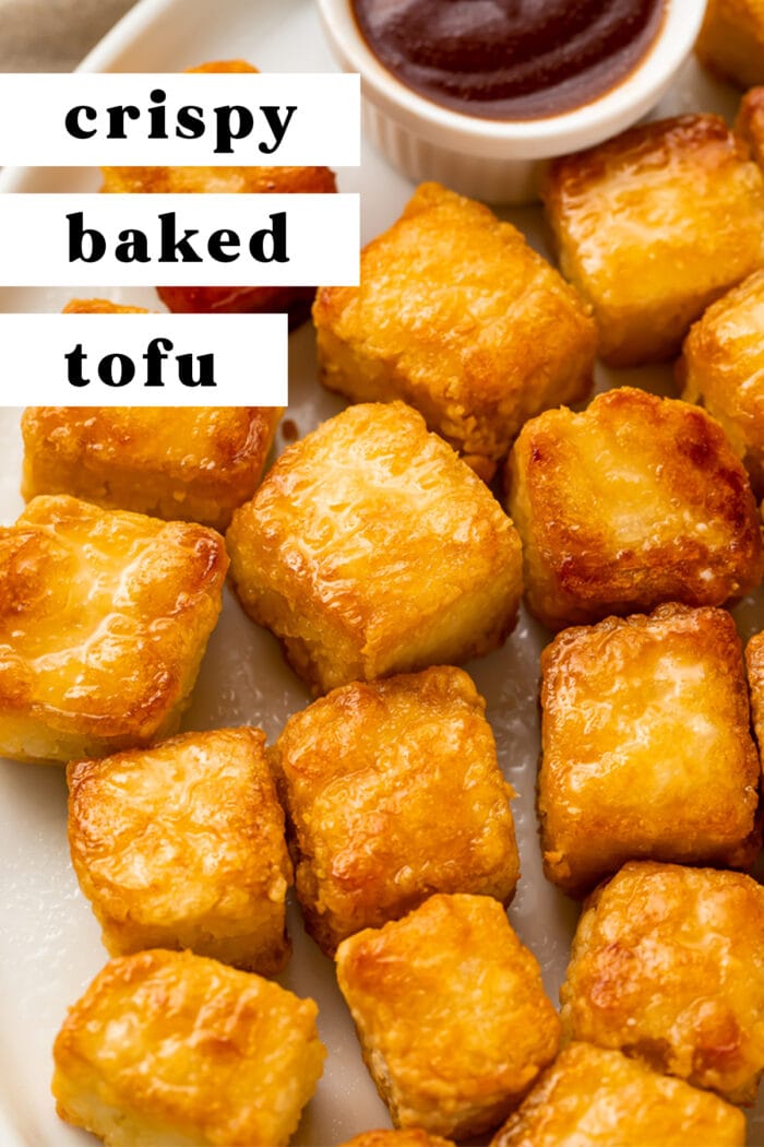 Pin graphic for crispy baked tofu